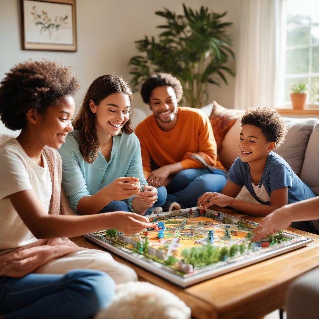 A warm and inviting family scene in a sunlit living room, showcasing a diverse family engaged in joyful activities - playing board games, reading books, and sharing laughter. Include vibrant plants and soft pillows to create a cozy atmosphere, along with a playful pet joining in the fun. The overall mood should radiate happiness, inclusivity, and connection. super-realistic. vibrant colors. soft focus.
