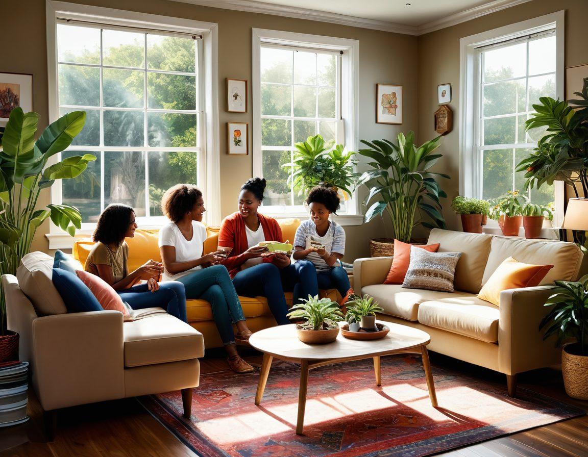 A cozy living room filled with vibrant decor, showcasing diverse family members engaging in joyful activities together—playing games, cooking, and sharing stories. Soft natural light streaming in through a large window with houseplants adding greenery. Wall art promoting positivity, inclusivity, and warmth. Emphasize a sense of community and happiness. super-realistic. vibrant colors. warm tones.