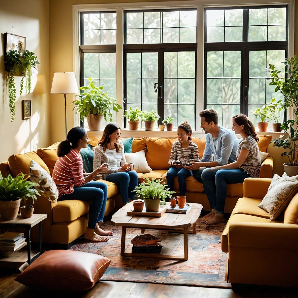 A warm, inviting living room filled with laughter and joy, featuring a family engaged in fun activities together like playing games and sharing stories. Soft sunlight filters through the windows, creating a cozy ambiance, with touches of greenery from potted plants. Add elements that represent elation and contentment, like colorful cushions and family photos on the walls. super-realistic. vibrant colors. warm tones.